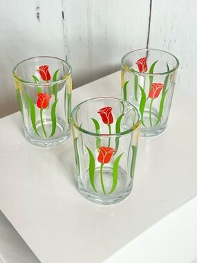 Vintage 1970s Libbey Tulip Juice Glasses - MCM Floral Set of 3 (Red & Yellow)